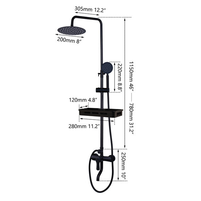 KEMIDI Matte Black Rainfall Shower Faucet Set Single Lever Bathtub Shower Mixer Faucet & Storage Shelf  Shower Mixer Water Tap